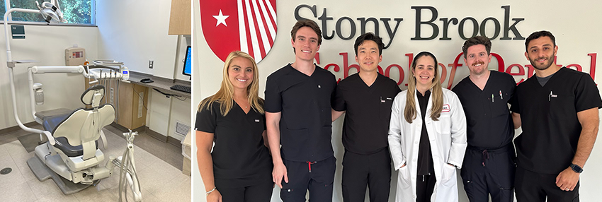 A composite of two photos. The photo on the left is of a dental treatment chair within a clinical setting. The photo on the right is a group photo of the members of the Advanced Education Program in Prosthodontics. 